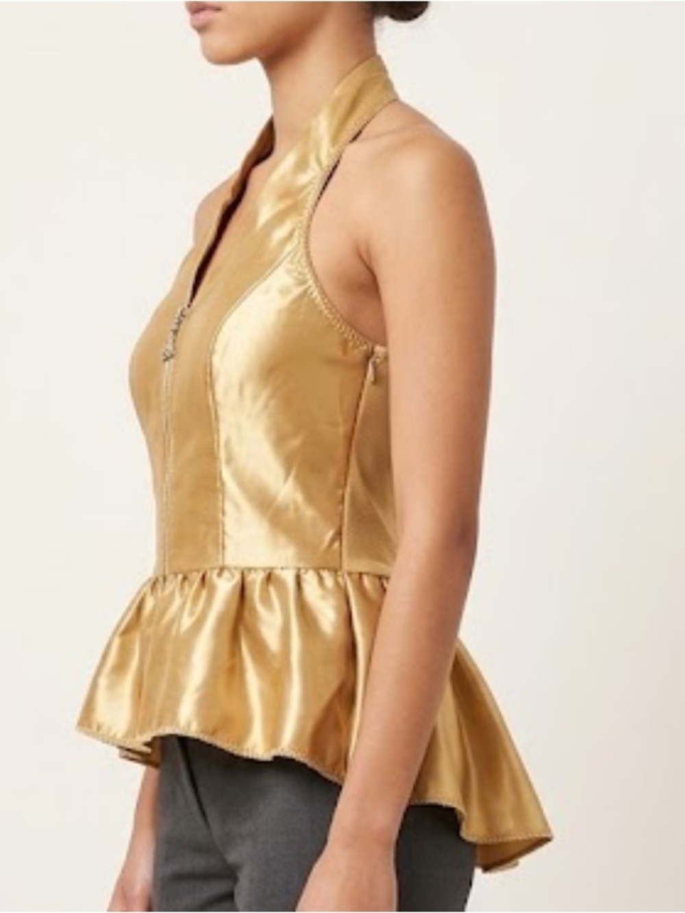 Gold Satin Halter Peplum Zip-Front Top - Picture 3 of 11